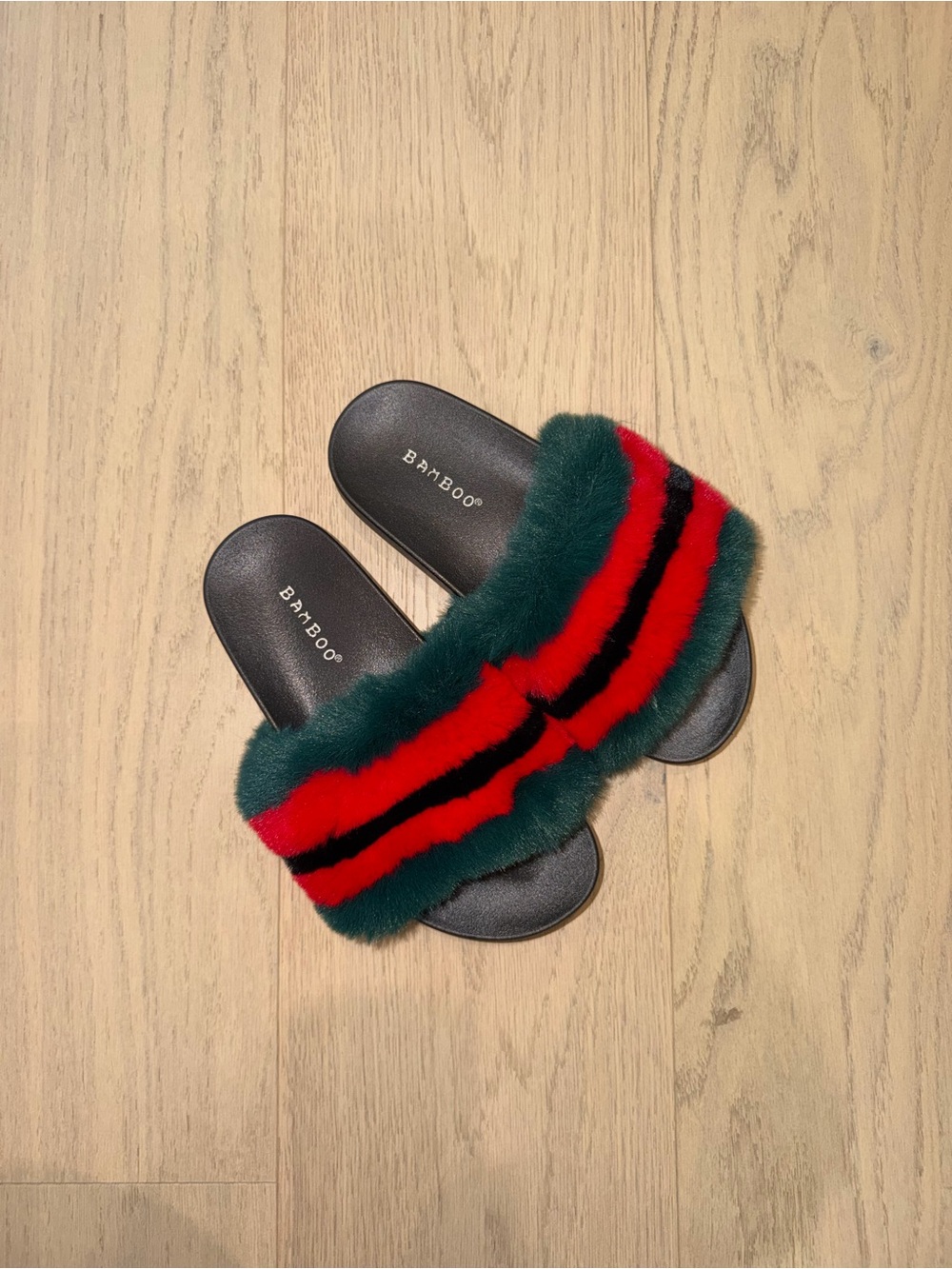 BAMBOO Green, Red & Black Faux Fur Slide Sandals